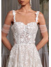 Beaded Ivory Lace Tulle Slit Wedding Dress With Detachable Cape